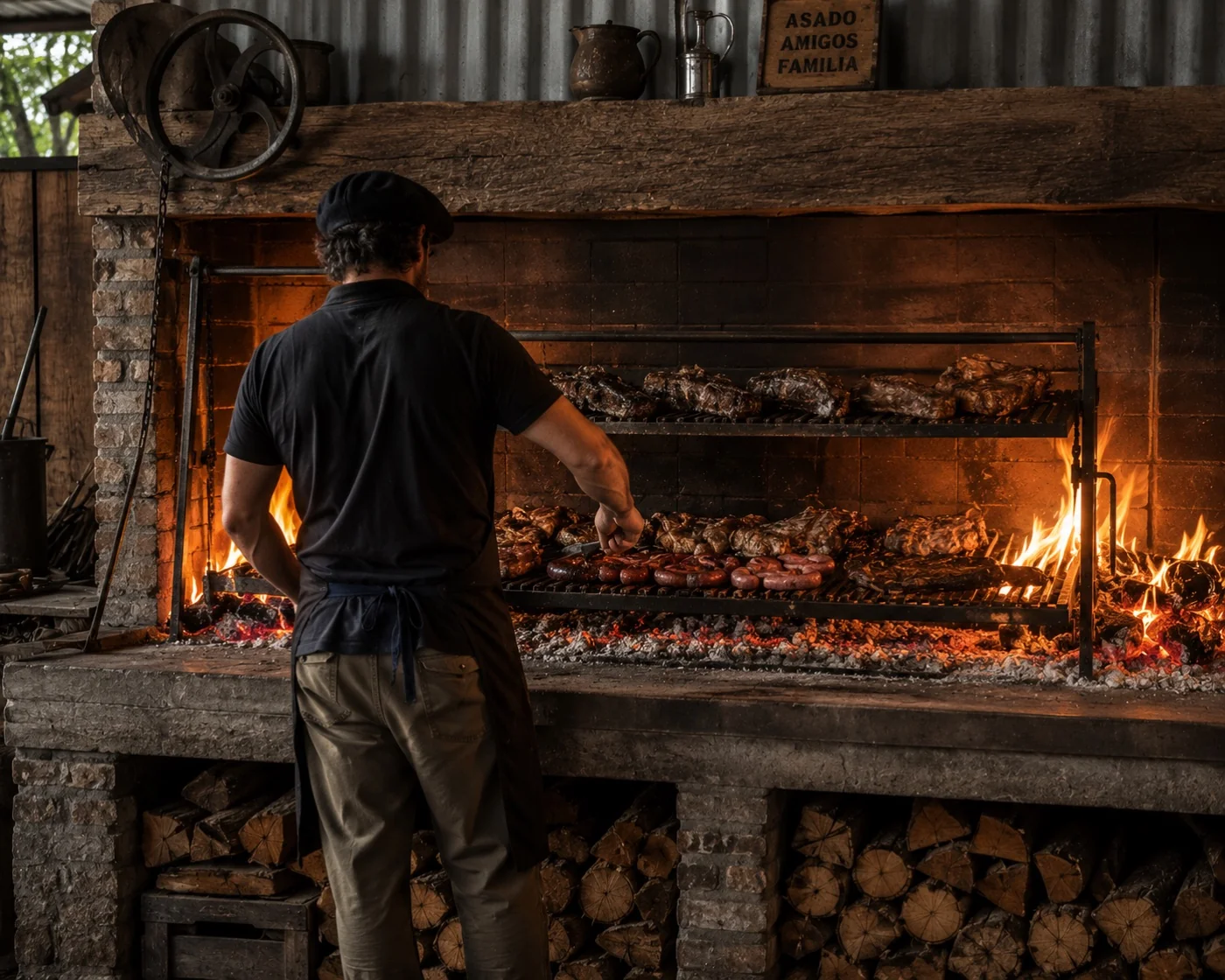 Asado en parrilla grande con leña