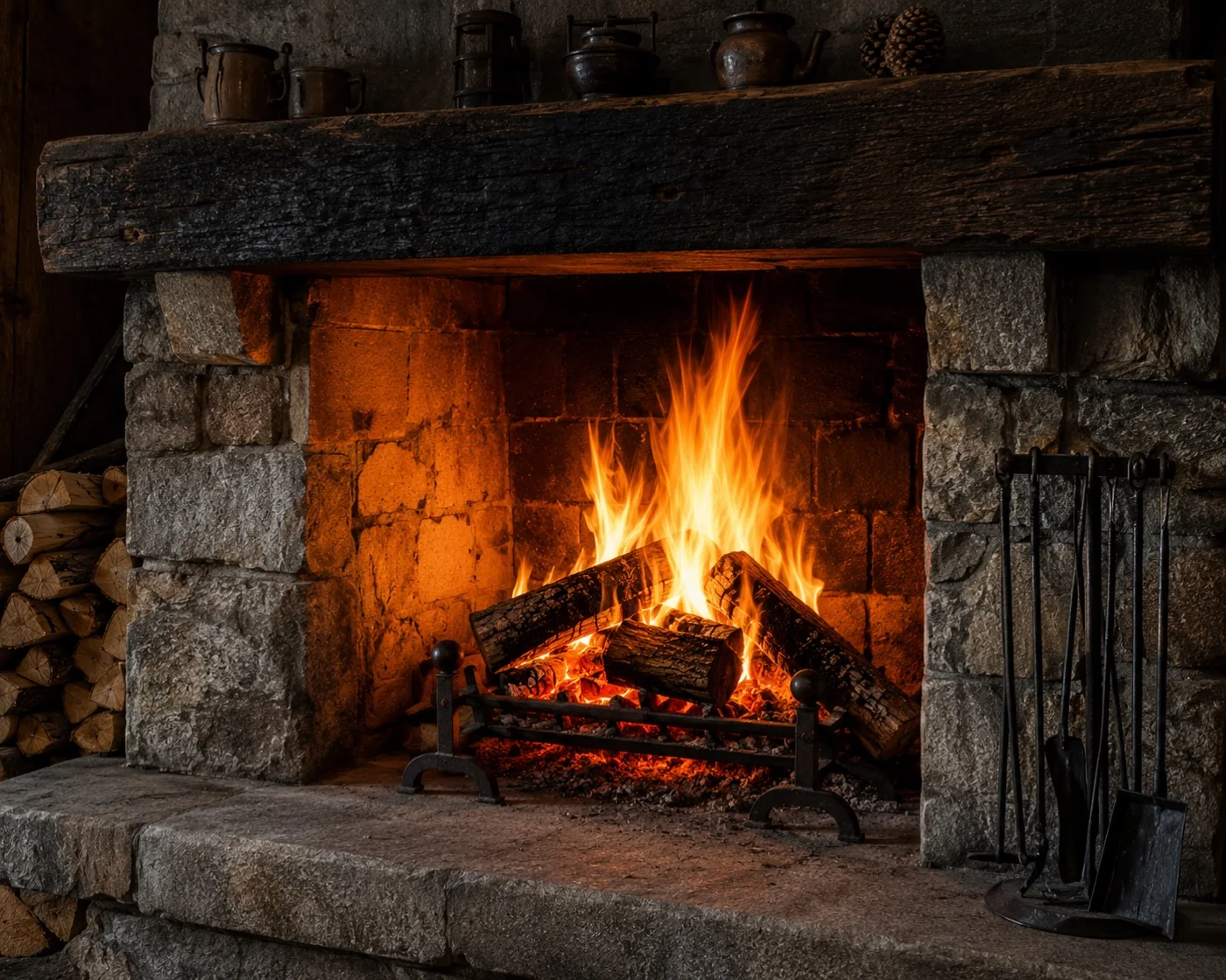 Chimenea encendida con leña